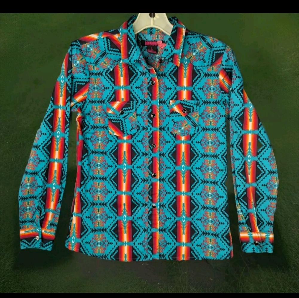 Western Shirt Kids L Unisex Southwestern Tribal Pattern Pearl Snap Multicolor - Picture 1 of 11